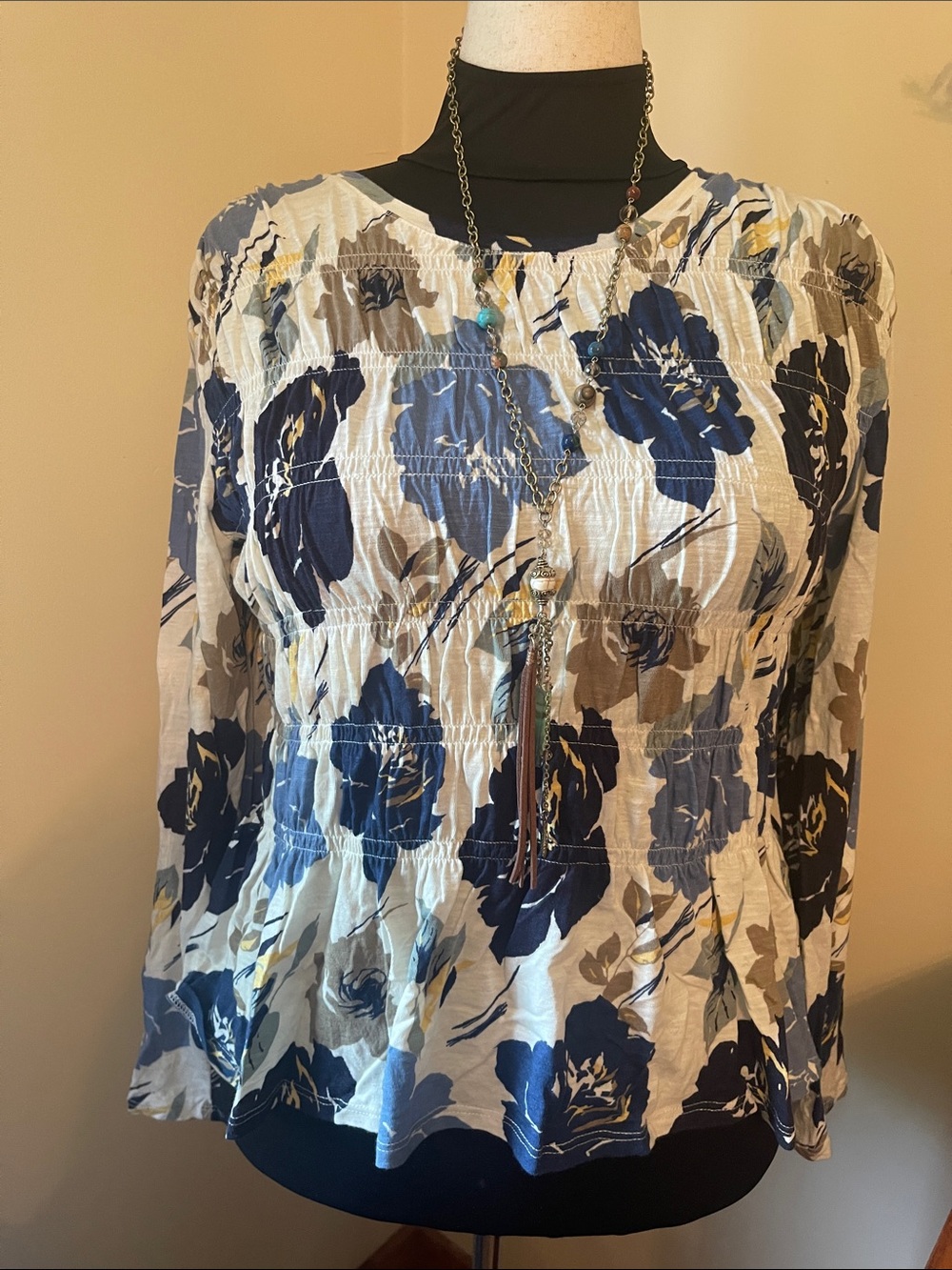Cupio Navy Blue and White Floral Peplum Long-Sleeve Top